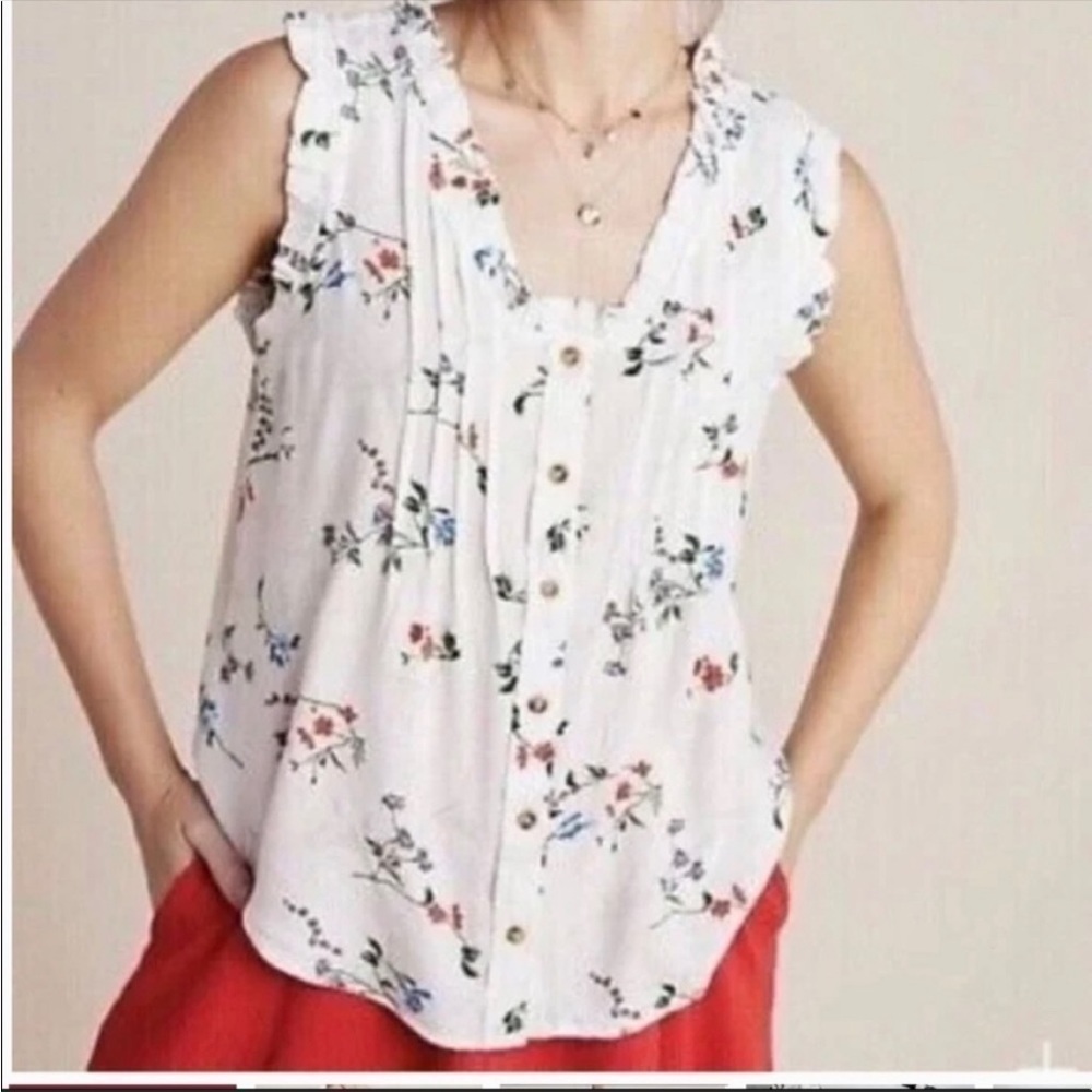 Anthropologie Maeve Floral Ruffle Sleeveless
Pintuck Button Down Blouse